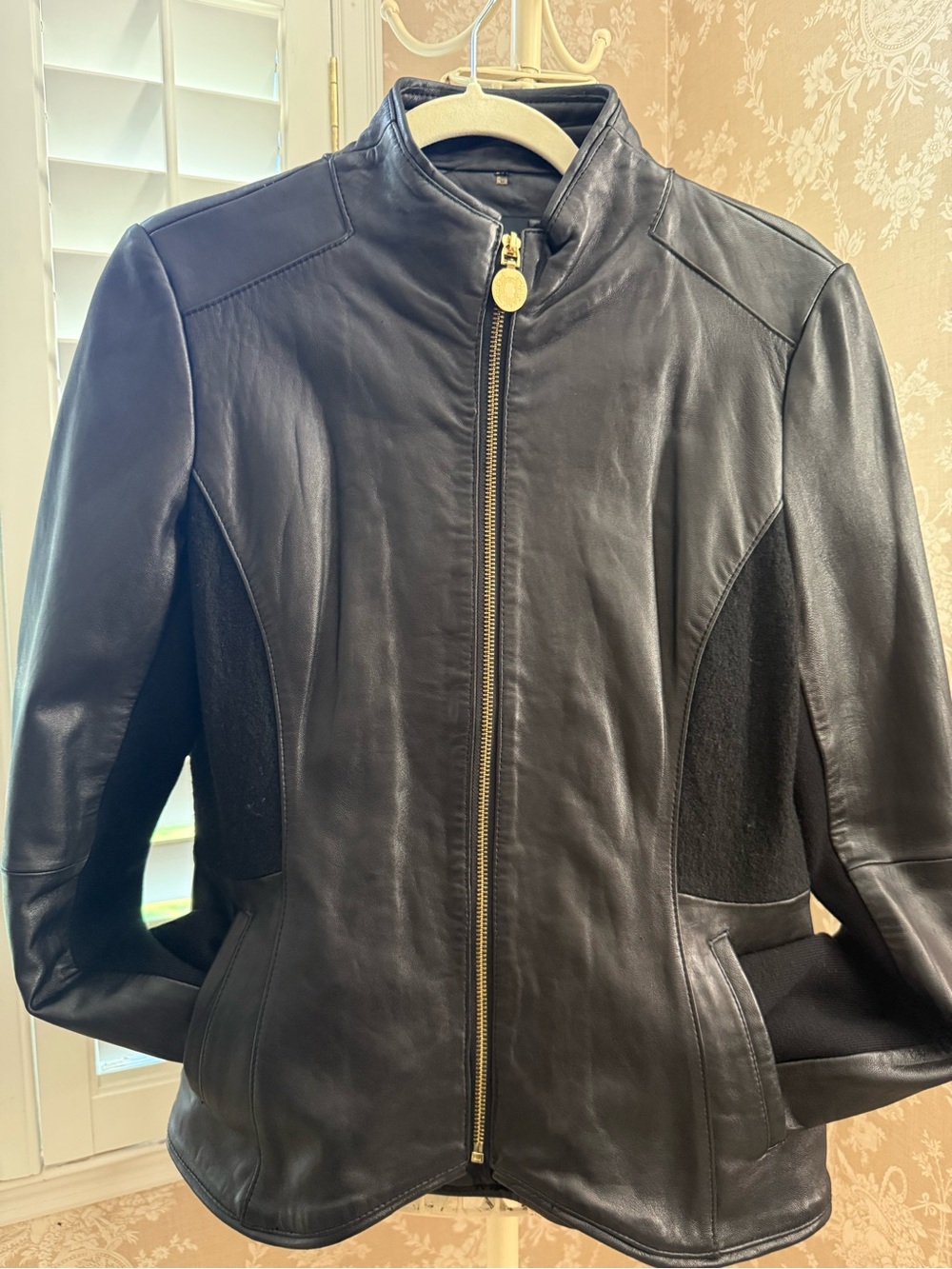 Elie Tahari Black Leather Zip Jacket with Gold-Tone Hardware